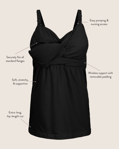 Black Sublime® Hands-Free Pumping and Nursing Tank by Kindred Bravely, featuring a comfortable, supportive bra design for breastfeeding.