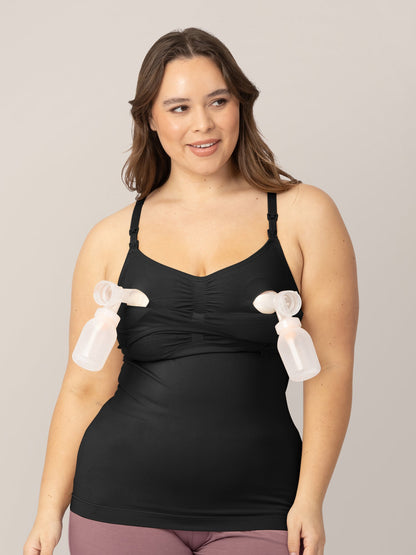 Black Sublime® hands-free pumping and nursing tank by Kindred Bravely, shown on a person wearing the comfortable, supportive bra.