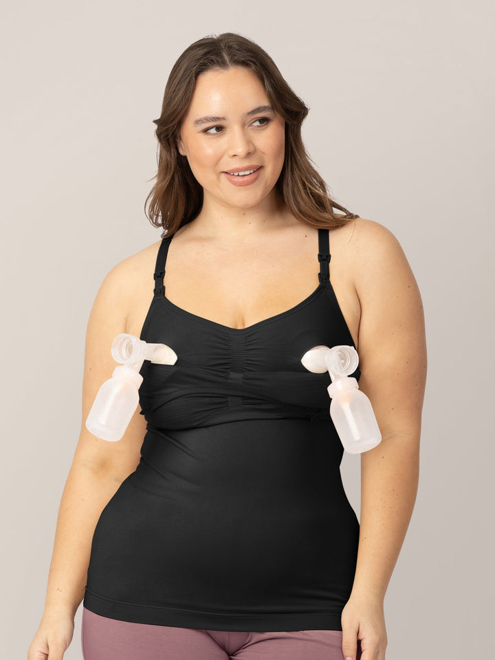 Black Sublime® hands-free pumping and nursing tank by Kindred Bravely, shown on a person wearing the comfortable, supportive bra.