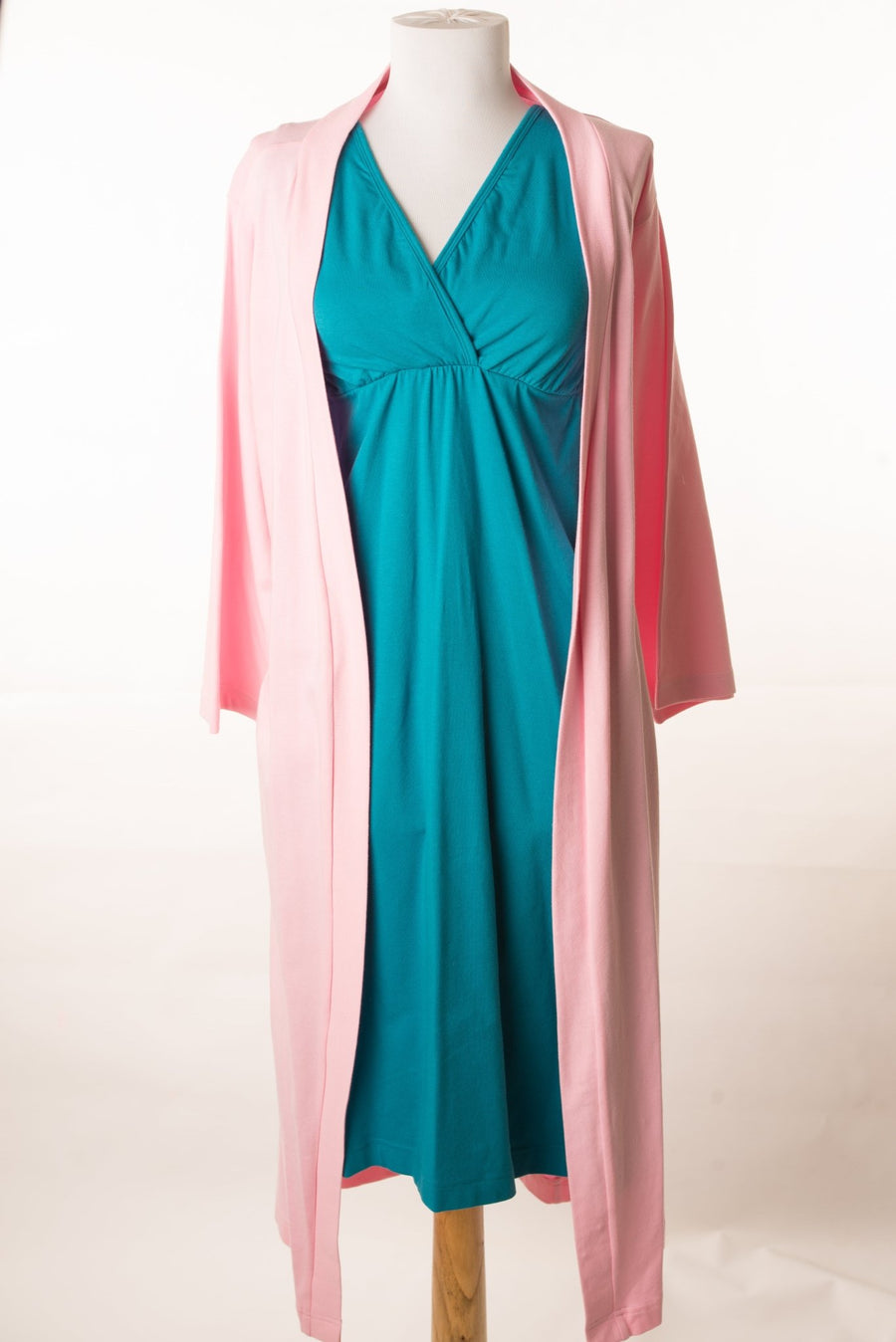 Teal Aimee gown with pink long robe