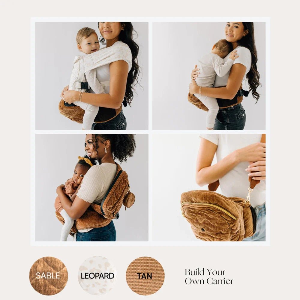 Tushbaby hip carrier for babies and toddlers, showing a comfortable, ergonomic design in soft fabric suitable for parent and child.