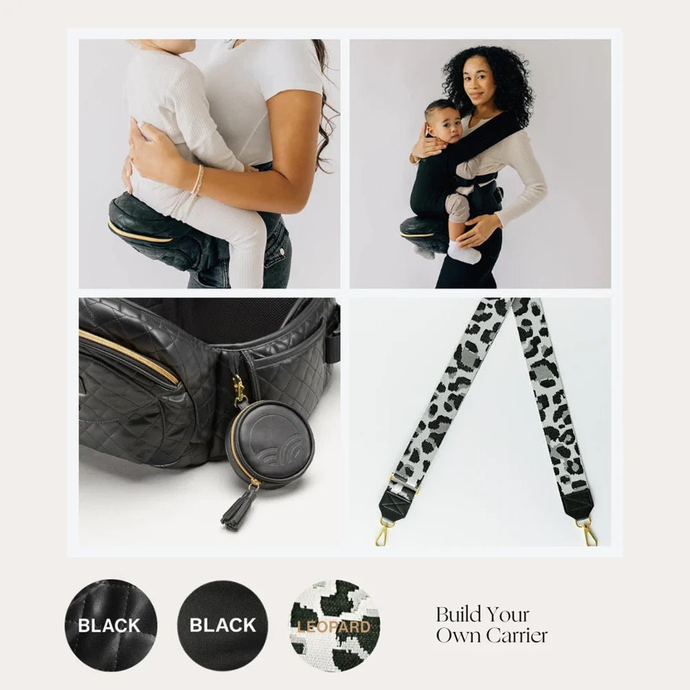Baby and toddler hip carrier from Tushbaby showing ergonomic design and adjustable straps for comfortable carrying.
