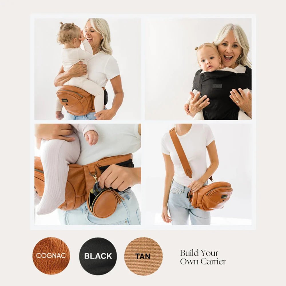 Tushbaby Hip Carrier for babies and toddlers, beige fabric with adjustable straps, designed for comfortable parent-child carrying