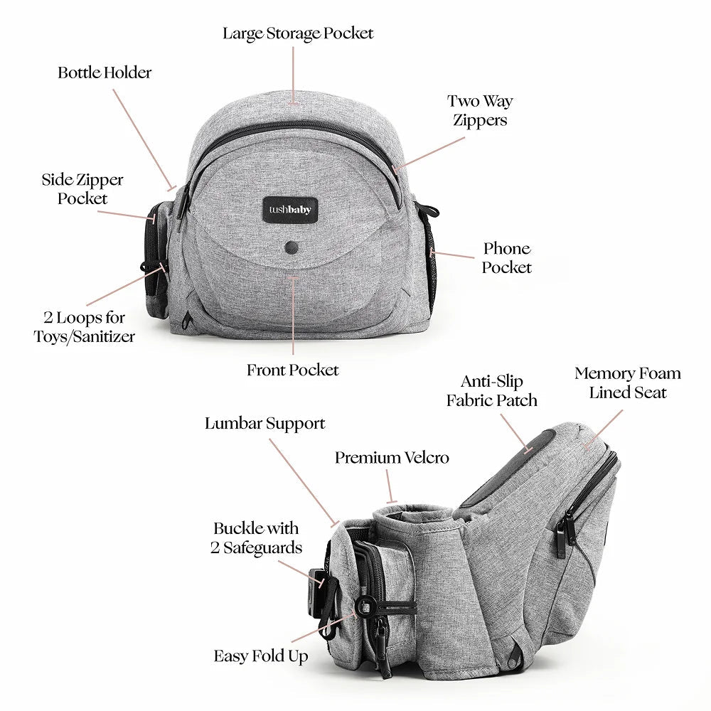 Tushbaby hip carrier for baby and toddler, adjustable supportive waist belt with padded straps, in neutral color.