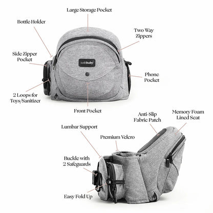 Tushbaby hip carrier for baby and toddler, adjustable supportive waist belt with padded straps, in neutral color.