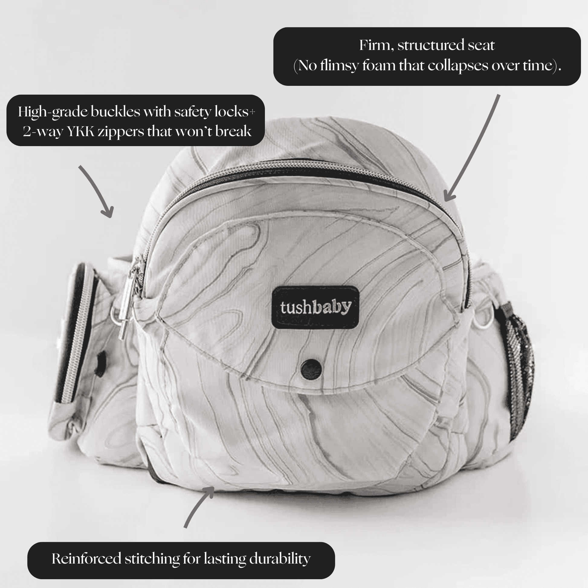 Tushbaby Hip Carrier for babies and toddlers, adjustable ergonomic design with padded straps and supportive waistband.
