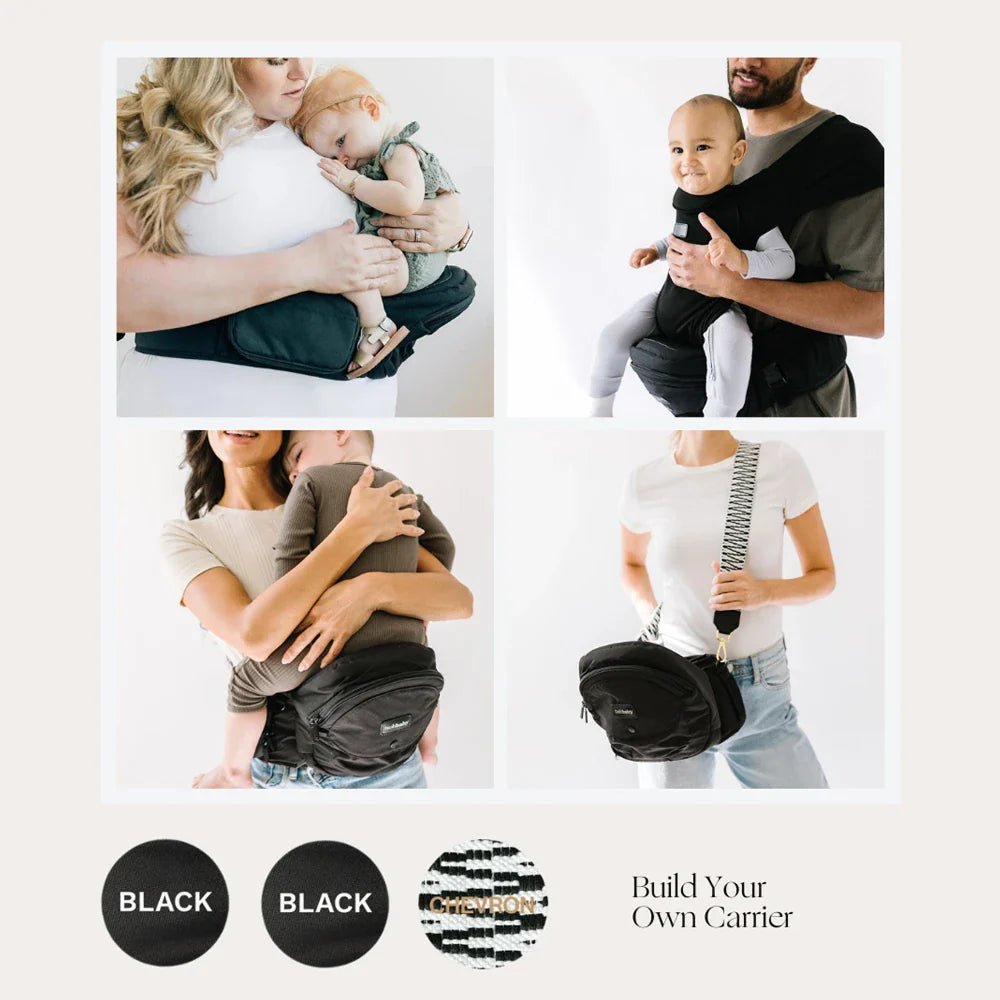 Tushbaby Hip Carrier for babies and toddlers, adjustable ergonomic design with padded straps, in a neutral color.