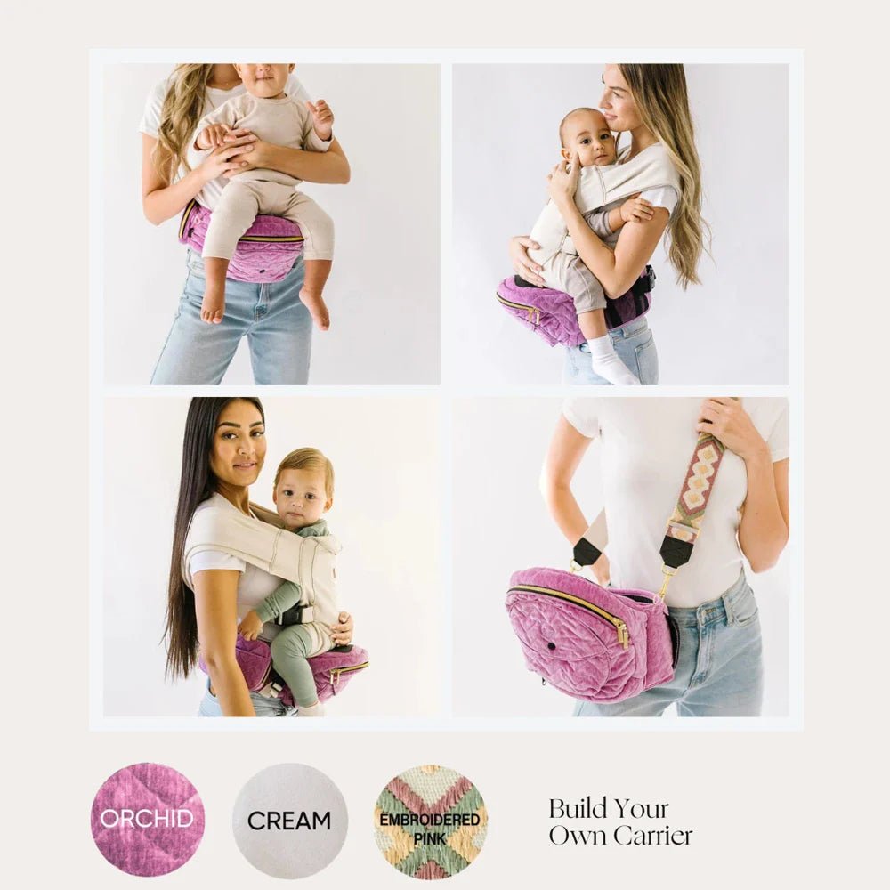 Tushbaby Hip Carrier for baby and toddler, featuring adjustable straps and ergonomic design in neutral color.