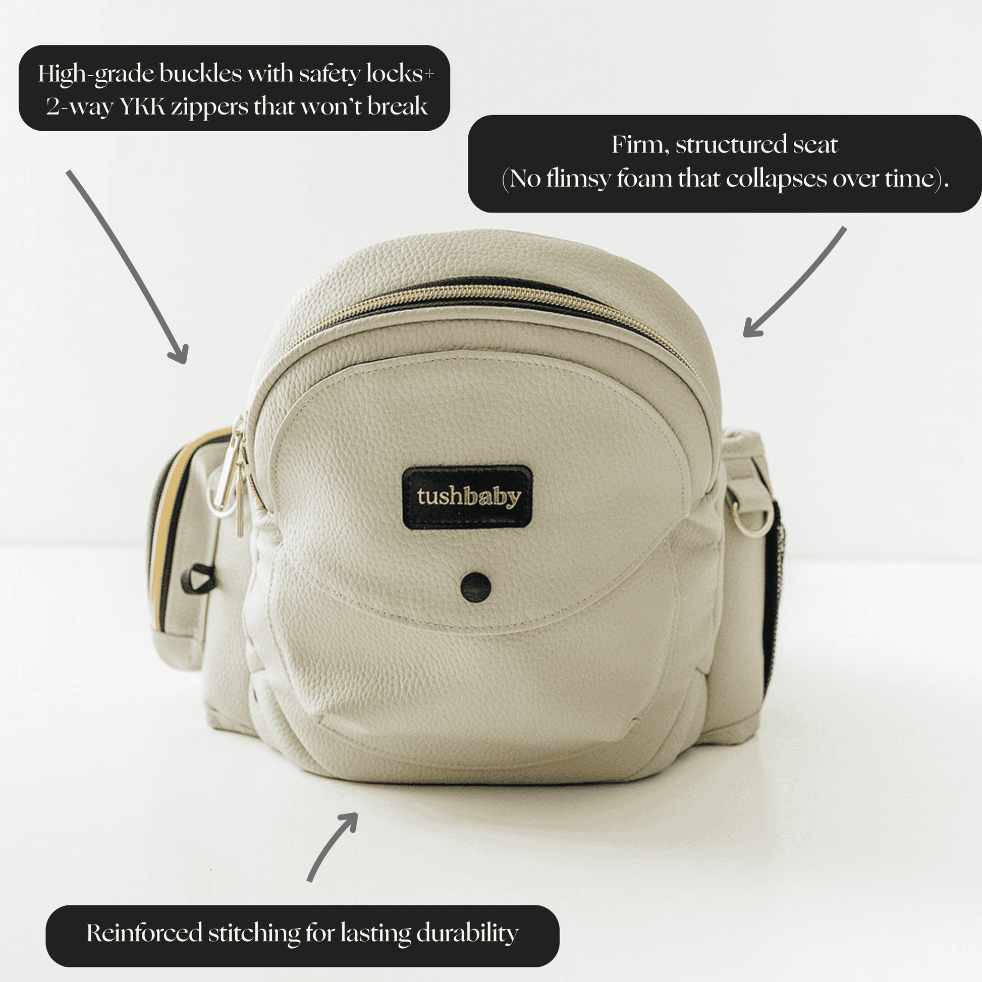 Tushbaby Hip Carrier for Baby and Toddler in soft fabric with adjustable straps and ergonomic design.