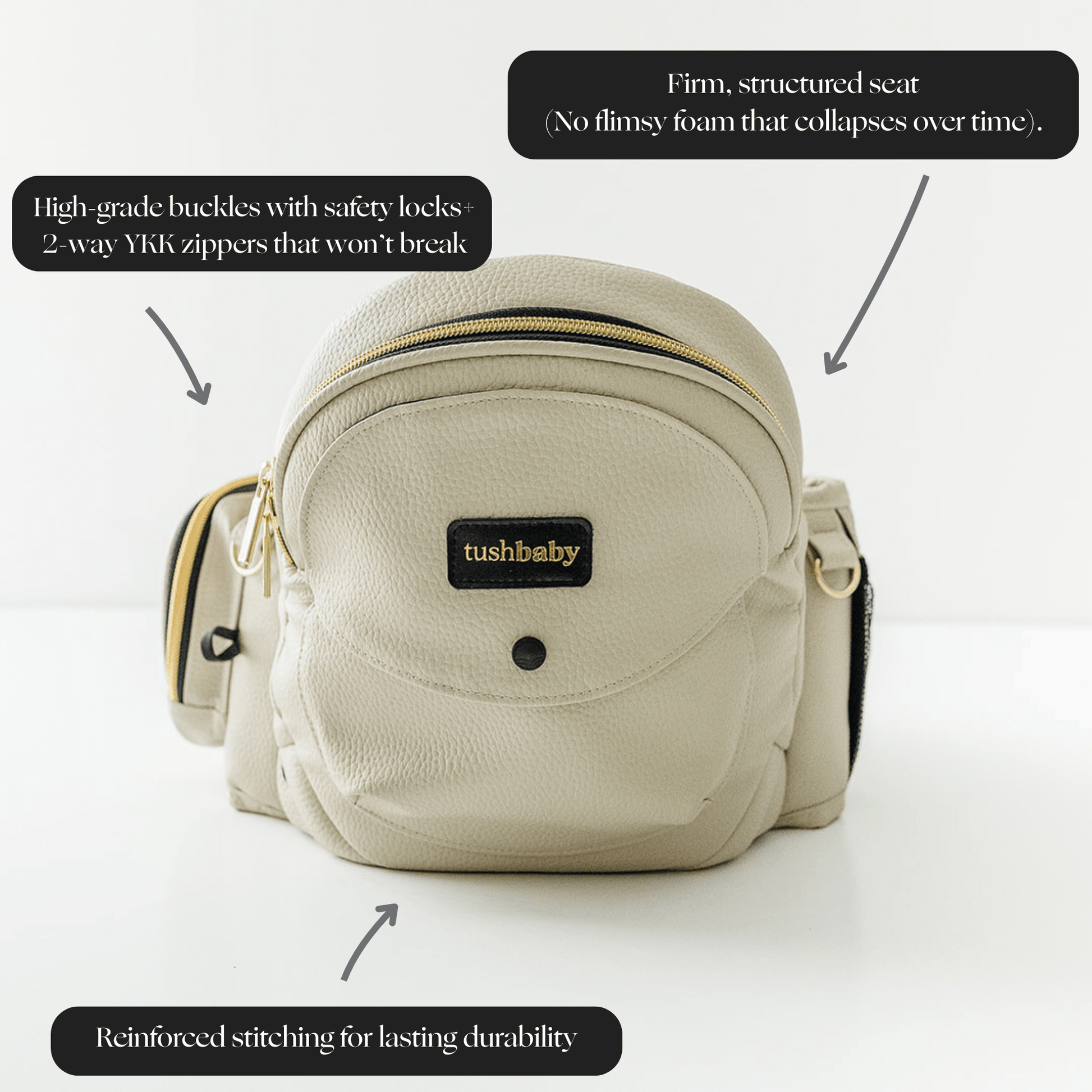 Tushbaby hip carrier for babies and toddlers, showing ergonomic design with adjustable straps, in a neutral color.