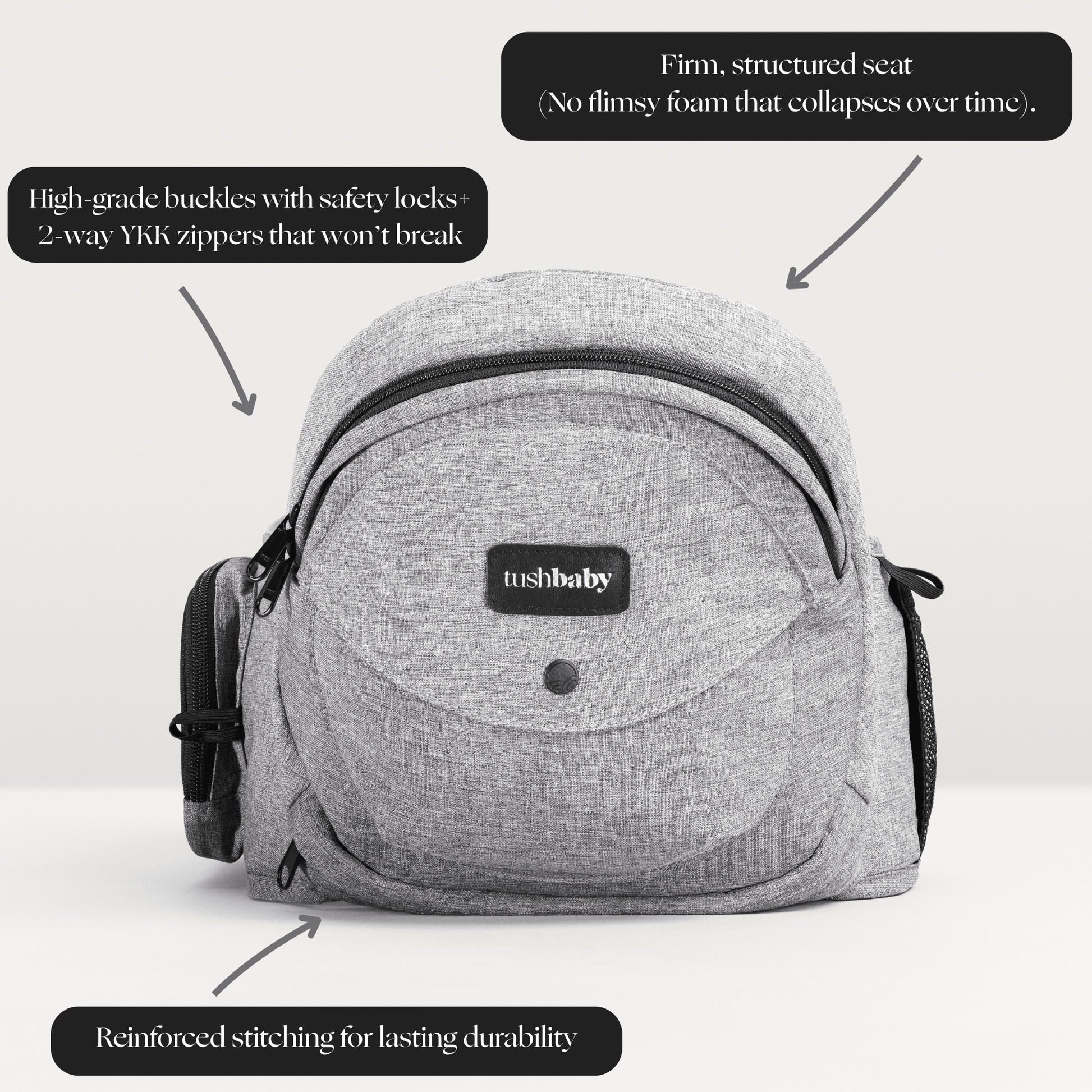 Baby wearing the Tushbaby Hip Carrier, a comfortable and supportive baby and toddler carrier for hands-free carrying.