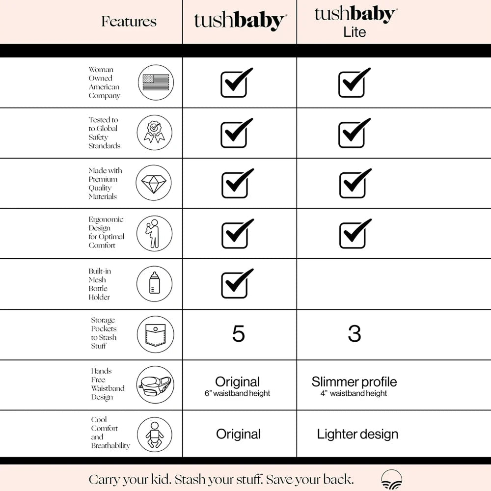 Tushbaby Hip Carrier for baby and toddler, featuring adjustable straps and ergonomic design in soft fabric.