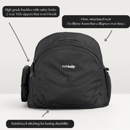 Tushbaby Hip Carrier for baby and toddler, featuring adjustable straps and comfortable design for parent and child.