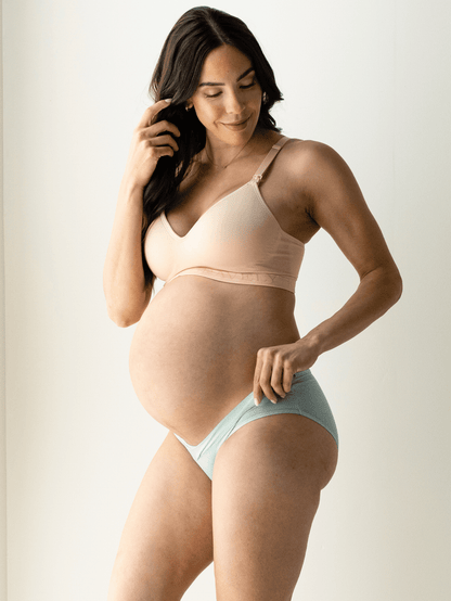Assorted under-the-bump bikini underwear pack by Kindred Bravely, low-rise style with comfortable, stretchy fabric for maternity wear.