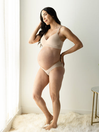 Assorted low-rise under-the-bump bikini underwear pack by Kindred Bravely, featuring comfortable, stretchy fabric for maternity wear.