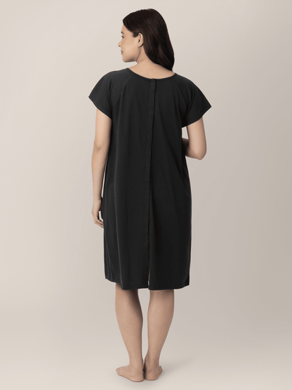 Black universal labor and delivery gown by Kindred Bravely, featuring comfortable fabric and adjustable design for postpartum care.