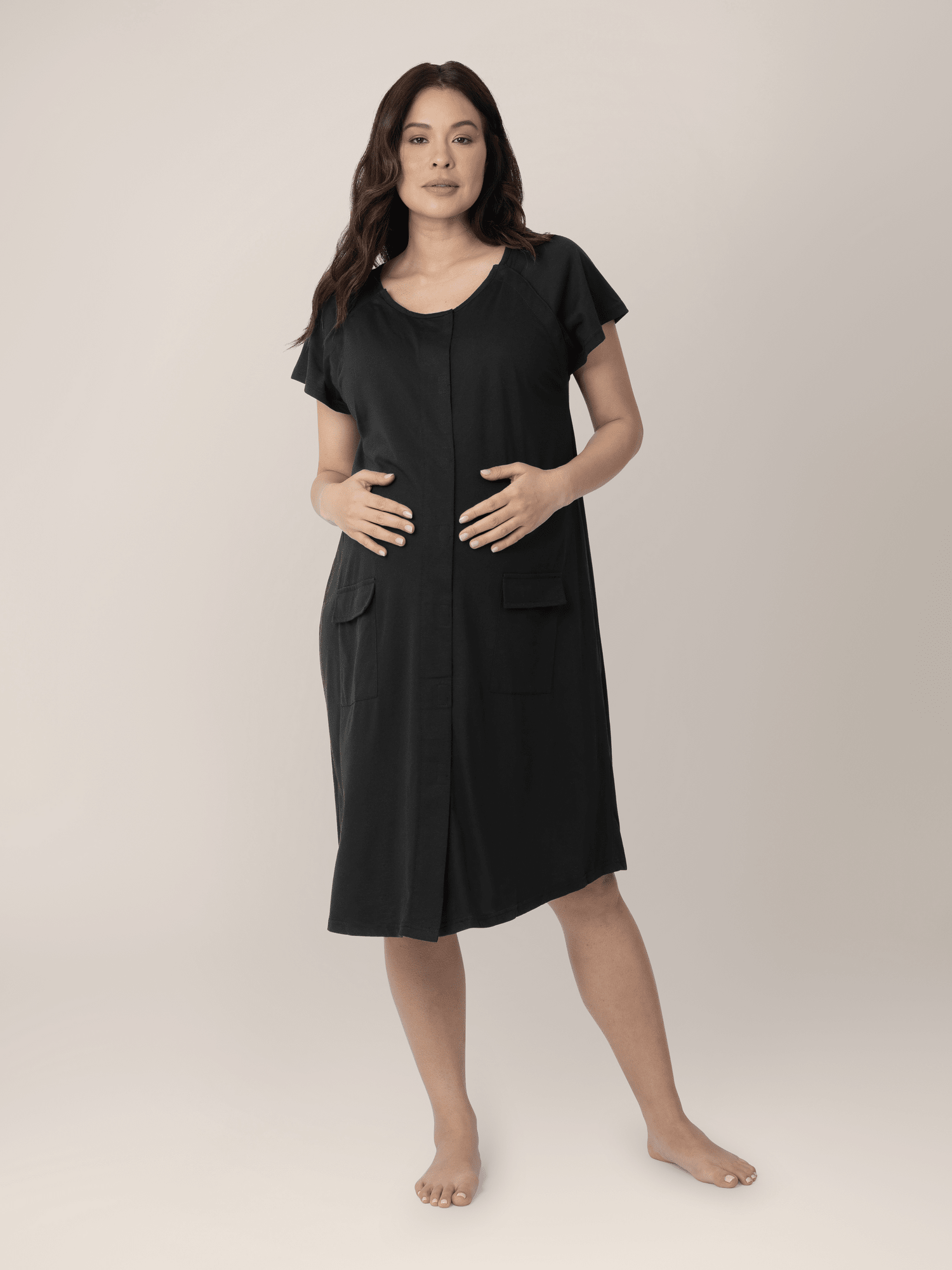 Black Universal Labor and Delivery Gown by Kindred Bravely, featuring soft fabric and easy access design for postpartum care.