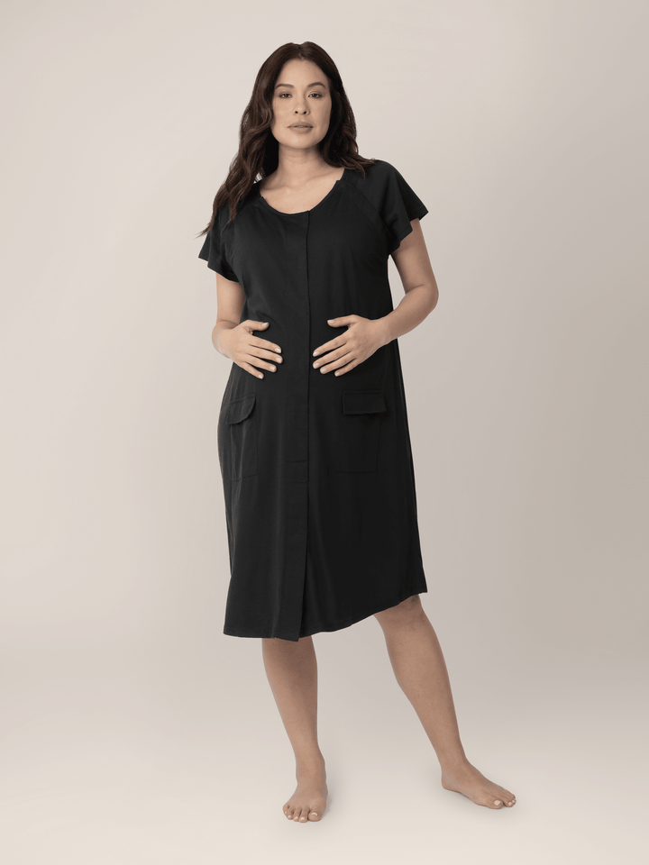 Black Universal Labor and Delivery Gown by Kindred Bravely, featuring soft fabric and easy access design for postpartum care.