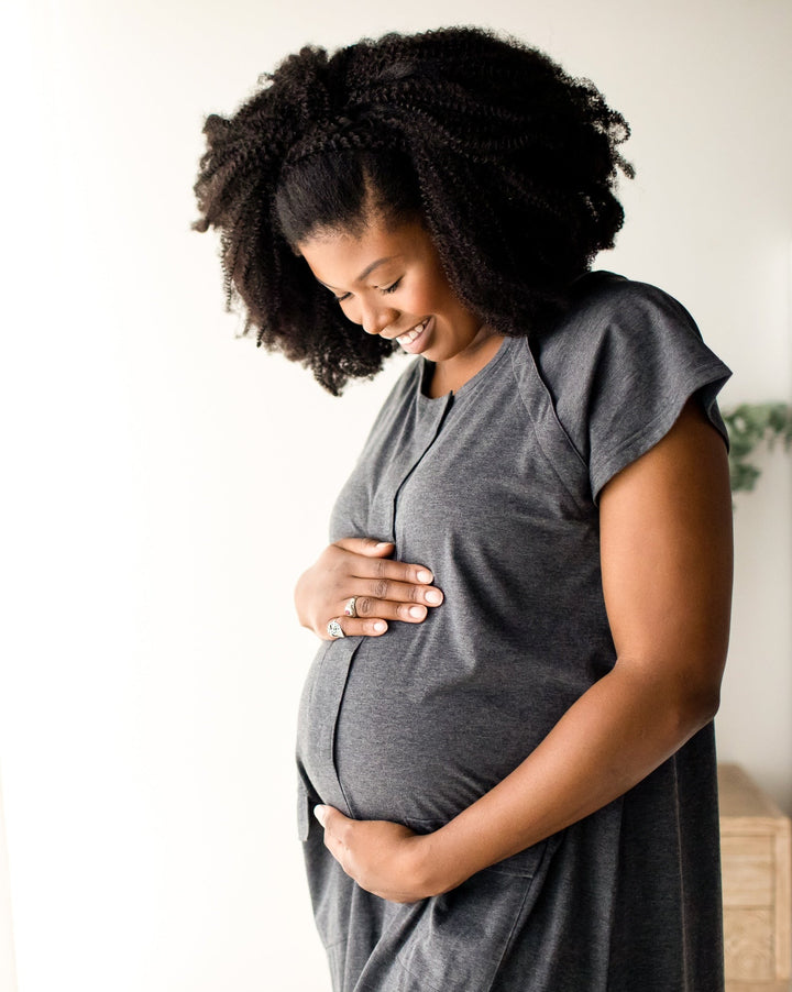 Grey Heather universal labor and delivery gown by Kindred Bravely, showing a soft, comfortable maternity gown with long sleeves.