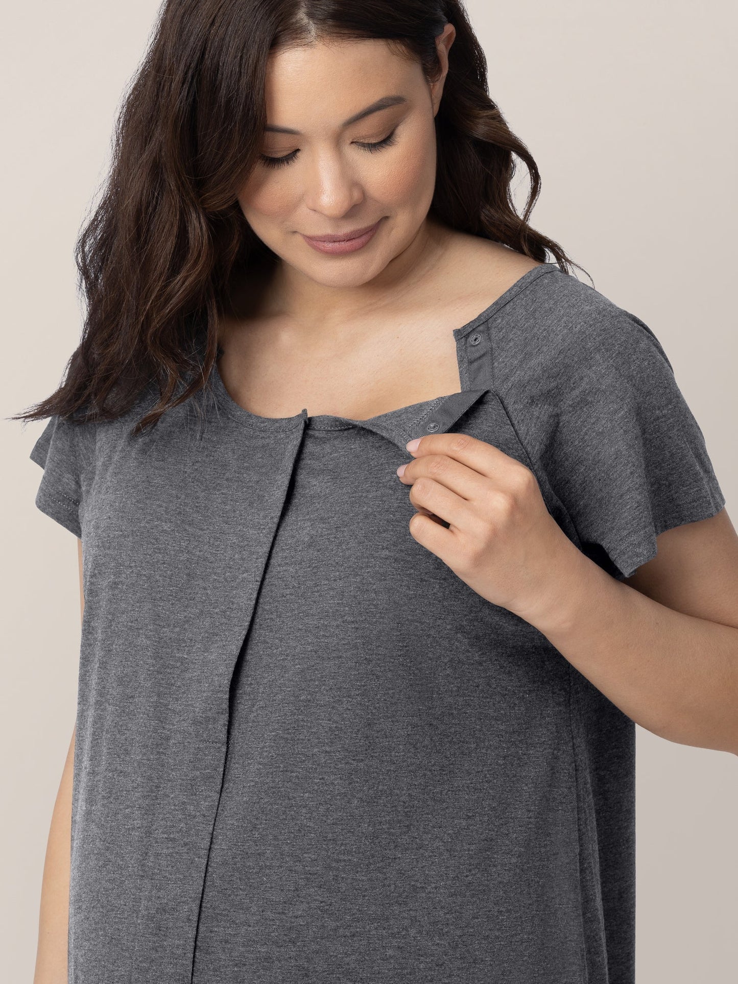Grey Heather universal labor and delivery gown by Kindred Bravely, featuring comfortable fabric and easy access design for postpartum care.