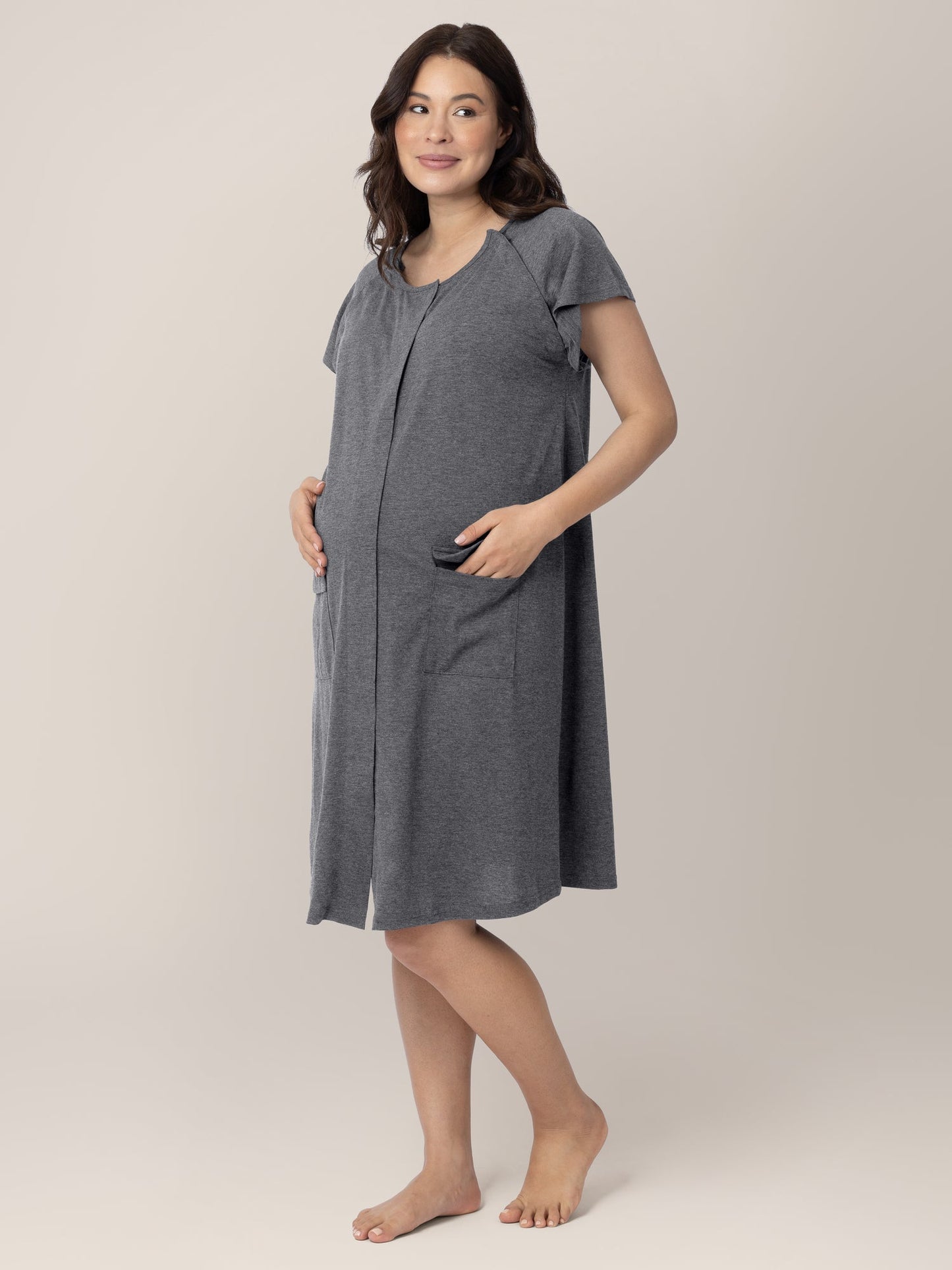 Grey Heather Universal Labor and Delivery Gown by Kindred Bravely, soft fabric with long sleeves and comfortable fit for hospital use.