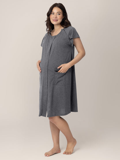 Grey Heather Universal Labor and Delivery Gown by Kindred Bravely, soft fabric with long sleeves and comfortable fit for hospital use.