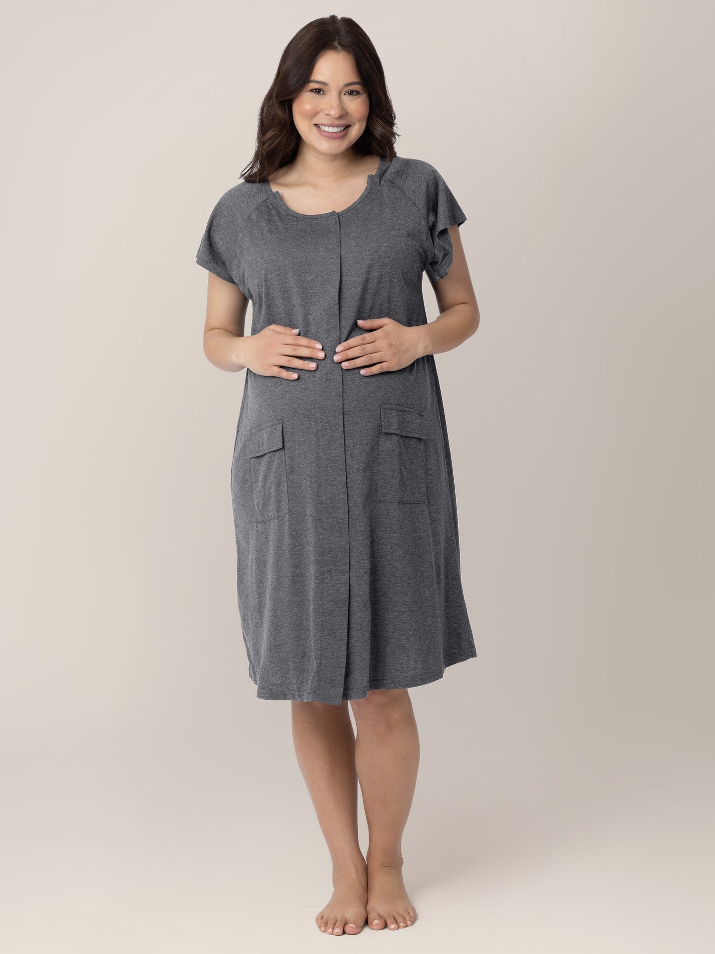 Grey Heather Universal Labor and Delivery Gown by Kindred Bravely, featuring comfortable, adjustable fabric perfect for maternity care.