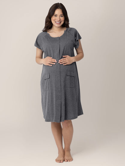 Grey Heather Universal Labor and Delivery Gown by Kindred Bravely, featuring comfortable, adjustable fabric perfect for maternity care.