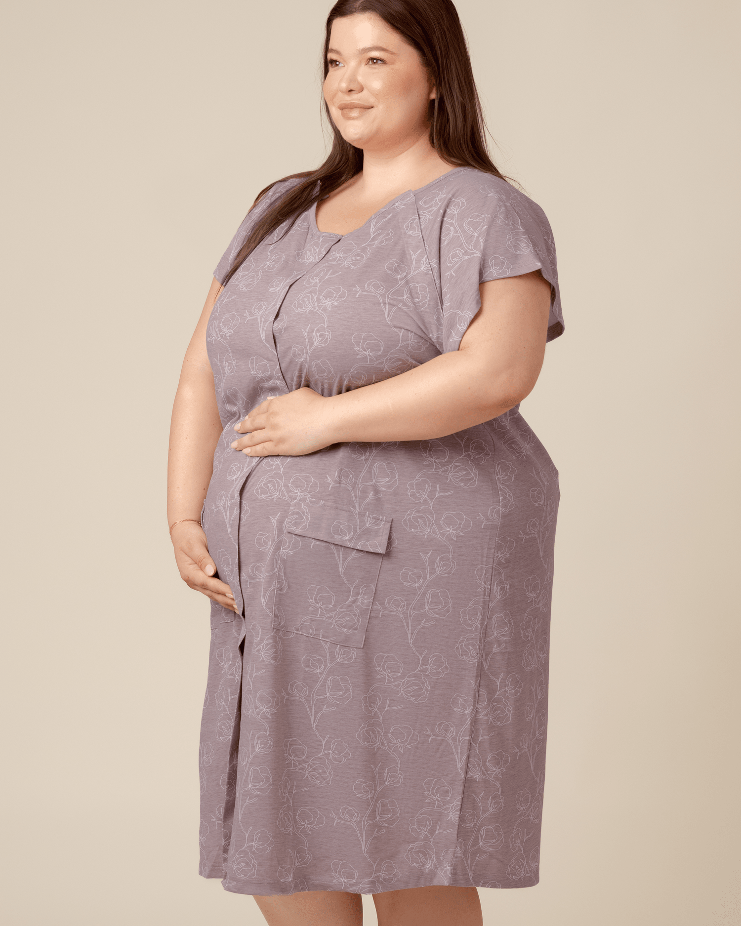 Kindred Bravely universal labor and delivery gown in lilac bloom with long sleeves and comfortable fit for maternity use.