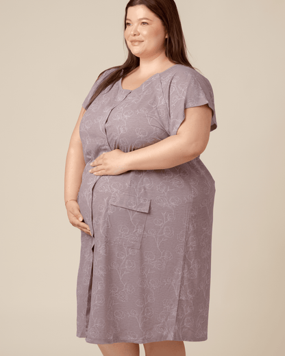 Kindred Bravely universal labor and delivery gown in lilac bloom with long sleeves and comfortable fit for maternity use.